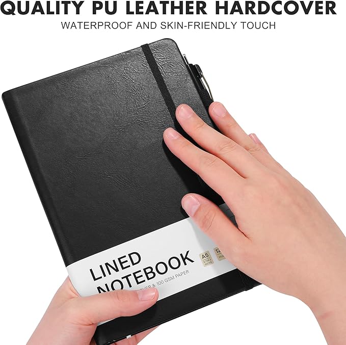 Aodaer Lined Notebook Journal with Pen A5 Notebooks 100 GSM College Ruled Hardcover Notebook PU Leather Notepad with Pen Holder for Office School, 5.7 x 8.3 Inches, Black-DeskLoop Office
