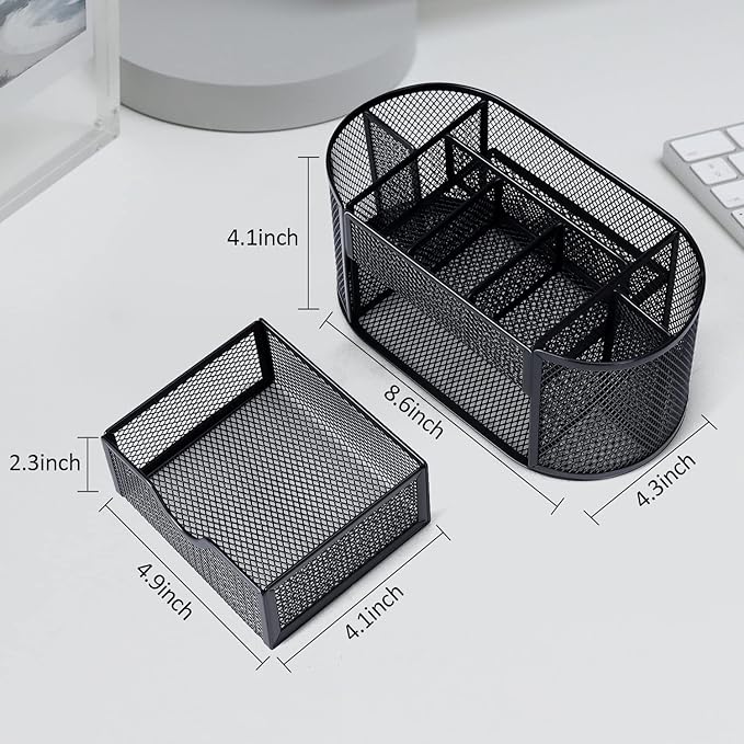 Black Mesh Pen Holder Desk Organizer Cute Office Supplies Pencil and Marker Organizers Oval Desk Caddy with 8 Compartments and 1 Drawer Workspace Accessories for Office School Home-DeskLoop Office