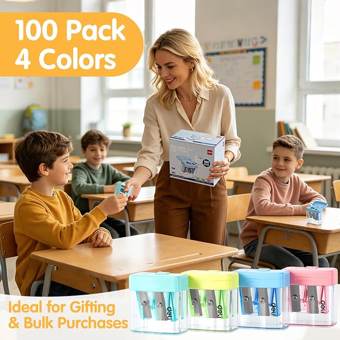 Deli Pencil Sharpener, 100 Pack Pencil Sharpeners Manual, Dual Holes Compact - Image 7