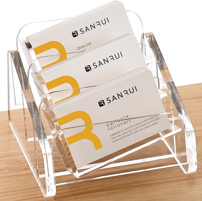 SANRUI Acrylic Business Card Holder for Desk, 3 Tier Clear Tilt Business Name Card Display Holders Stand Storage Organizer Fits 180 Business Cards (Horizontal, 3-Slot)-DeskLoop Office