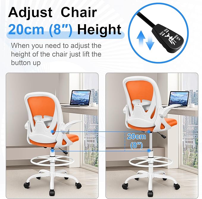 Primy Drafting Chair Tall Office Chair with Flip-up Armrests Executive Ergonomic Computer Standing Desk Chair with Lumbar Support and Adjustable Footrest Ring (Sunset Orange)-DeskLoop Office
