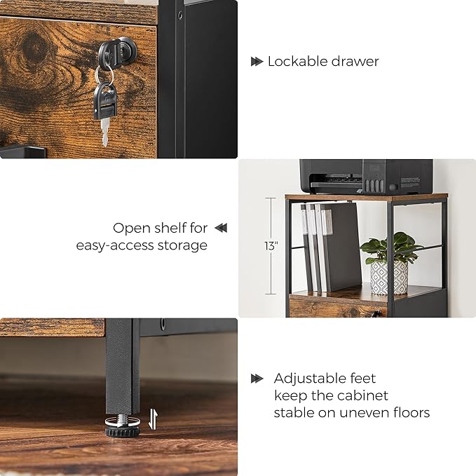 VASAGLE File Cabinet for Home Office, 2-Drawer Filing Cabinet with Lock, Open Shelf, Printer Stand, for A4 and Letter Sized Files, Adjustable Feet, Industrial, Rustic Brown and Ink Black UOFC045B01-DeskLoop Office