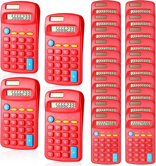 24 Pieces Basic Calculators for Students Small Pocket Size 8 Digit Display Mini Calculators Dual Powered Handheld for School Desktop Home(Red)-DeskLoop Office