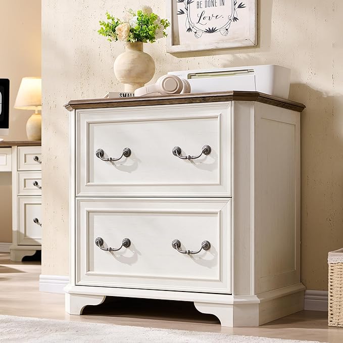 T4TREAM 2 Drawer File Cabinet-30 Wide Wooden Extended Desktop, Farmhouse Filing Cabinet with Smooth Rails, Holds Letter/Legal/A4, Hexagonal Design & Framed Drawer Fronts, Antique White-DeskLoop Office