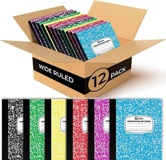 Rosmonde 12 Pack Bulk Composition Notebook Wide Ruled, 200 Pages, 9-3/4 x 7-1/2" by Rosmonde
