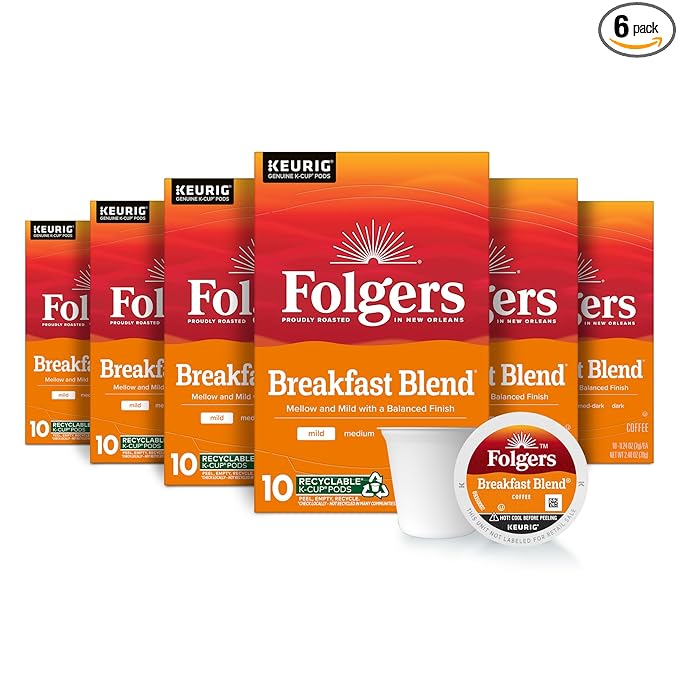 Folgers Breakfast Blend Coffee, Mild Roast, Keurig K-Cup Pods, 10 Count (Pack of 6)-DeskLoop Office