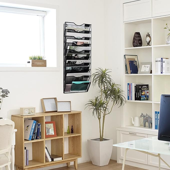 EASEPRES 10 Pocket Mesh Hanging Wall File Organizer, Wall Mounted Mail Paper Document Folder Holder, Clipboard Storage Organization Magazine Rack with Nametag Label for Office Home School, Black-DeskLoop Office