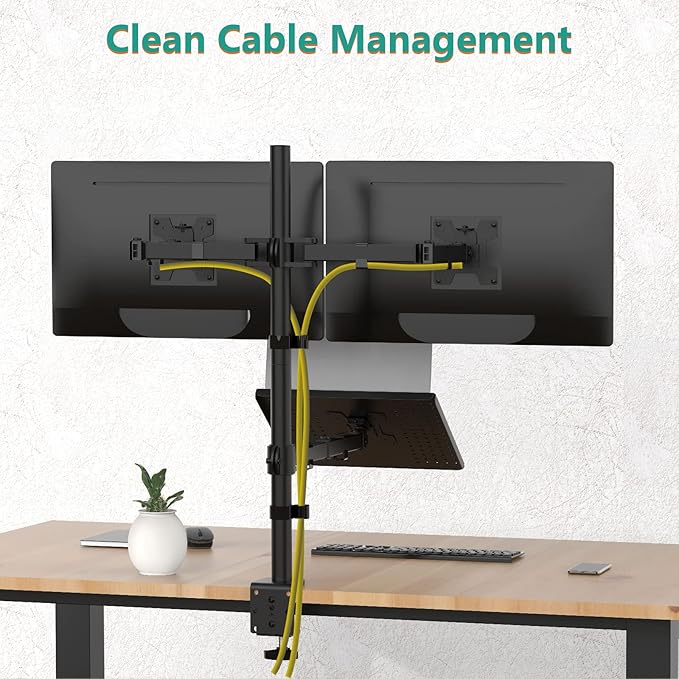 WALI Dual Monitor Stand, Laptop and Monitor Stand for 2 Screen 1 Laptop Notebook, Extra Tall Desk Mount for Monitor up to 27 inch, Notebook up to 17 inch (M002XLLP), Black-DeskLoop Office