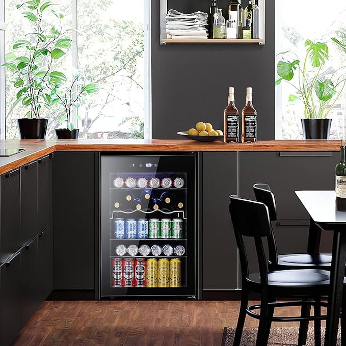 Kismile 4.5 Cu.ft Beverage Refrigerator and Cooler, 145 Can Mini Fridge Glass Door,Digital Temperature Display for Soda, Beer or Wine, Small Drink Dispenser Cooler for Home, Office or Bar(Black)-DeskLoop Office