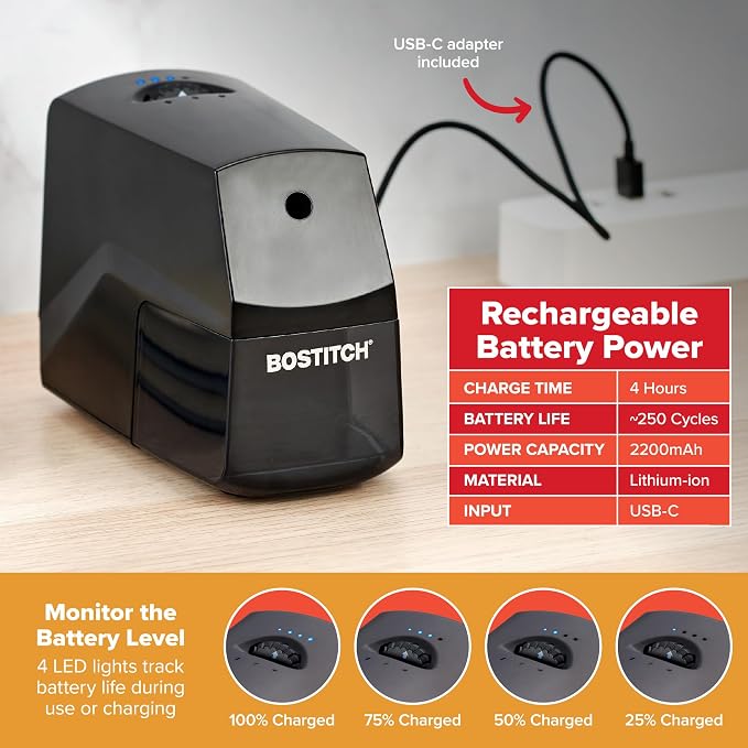 Bostitch Portable Rechargeable Battery Horizontal Pencil Sharpener Helical Blade - Image 4