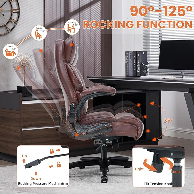 Big and Tall Office Chair 500lbs Wide Seat Executive Office Desk Chair High-Back Office Task Chair with Flip-Up Armrest, Ergonomic Lumbar Support Computer Office Chairs for Heavy People(Brown)-DeskLoop Office