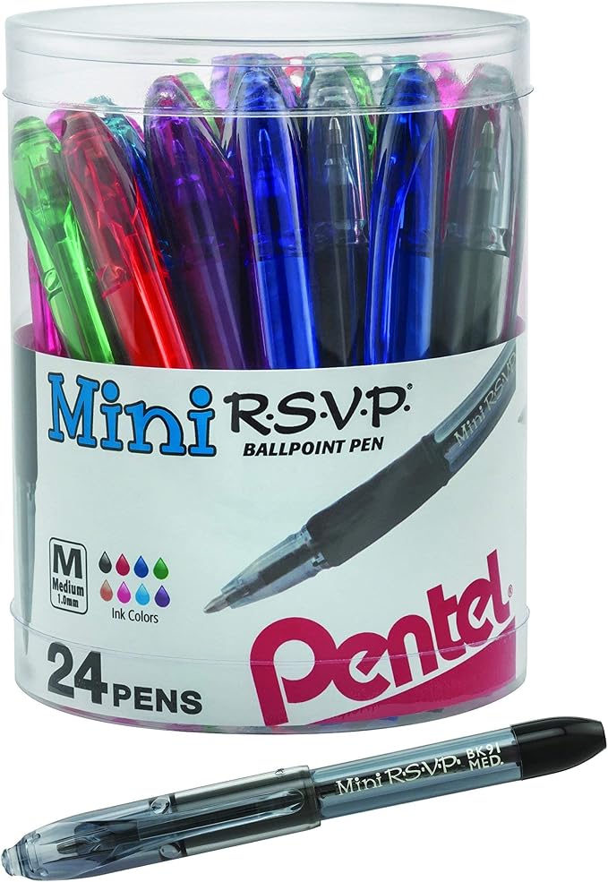 Pentel RSVP Mini Ballpoint Pen, Medium Line, 24-Assorted Ink in Clear Cylinder by PentelofAmerica
