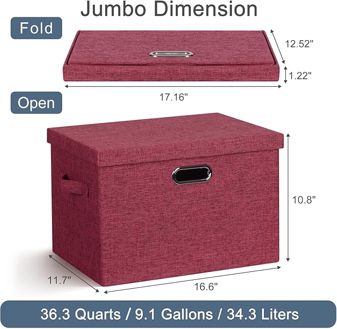 Large 17" 36 Quart Collapsible Stackable Storage Bins with Lids, 3 Packs Bright Red Linen Fabric Closet Boxes with Lids, Storage Cube Baskets Container Organizers for Office (17x12x11)-DeskLoop Office