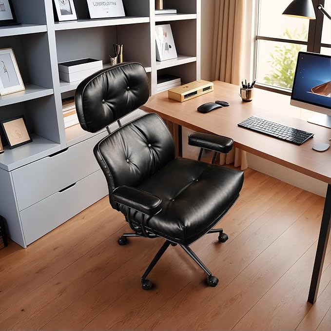 Faux Leather Executive Office Chair - Big and Tall Ergonomic Home Office Chair,Reclining Computer Desk Chair with Lumbar Support,Adjustable Task Chair Swivel Rolling PC Chair with Wheels,Black,PU-DeskLoop Office