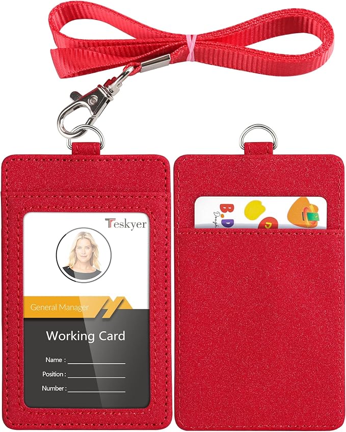 Teskyer Badge Holder with Lanyard, Leather ID Name Badge Card Holder with by TESKYER