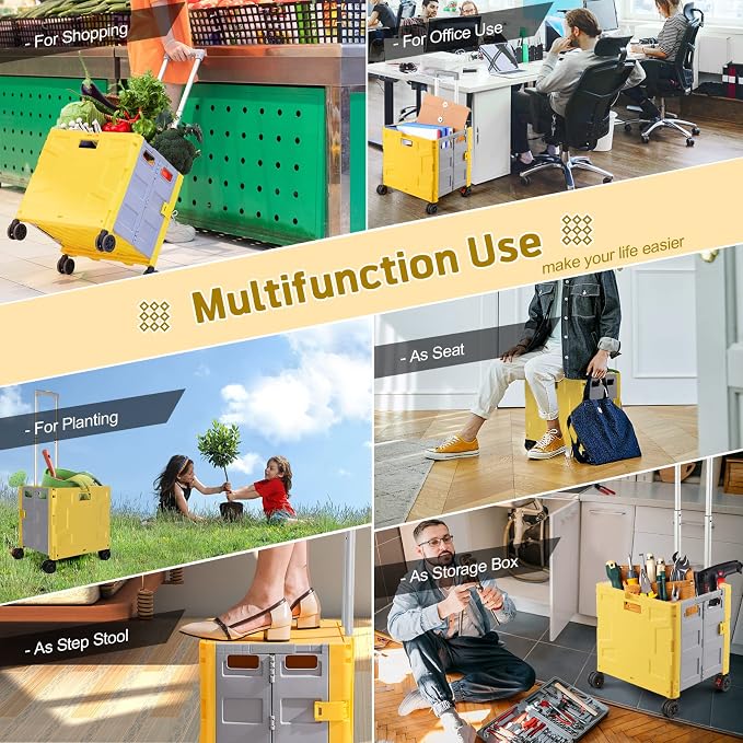 FELICON Folding Utility Cart Rolling Crate Handcart Basket Tote-Yellow+Gray | - Image 7