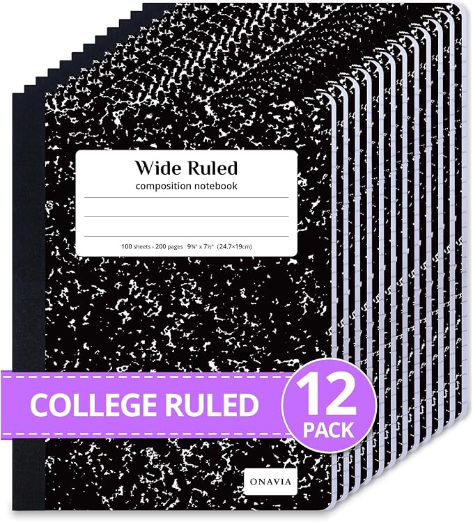 ONAVIA Composition Notebook Wide Ruled 12 Pack, 200 Pages, 9-3/4 x 7-1/2 by ONAVIA