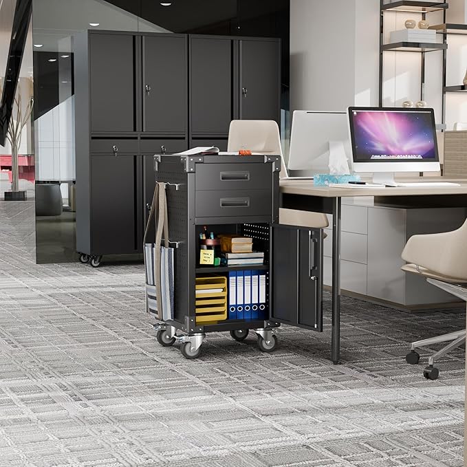 Garage Storage Cabinet, Metal Storage Cabinet with 1 Locking Door and 2 Drawers, Heavy Duty Rolling Workbench Table with Wheels and Pegboards for Garage, Office and Tool Room-DeskLoop Office