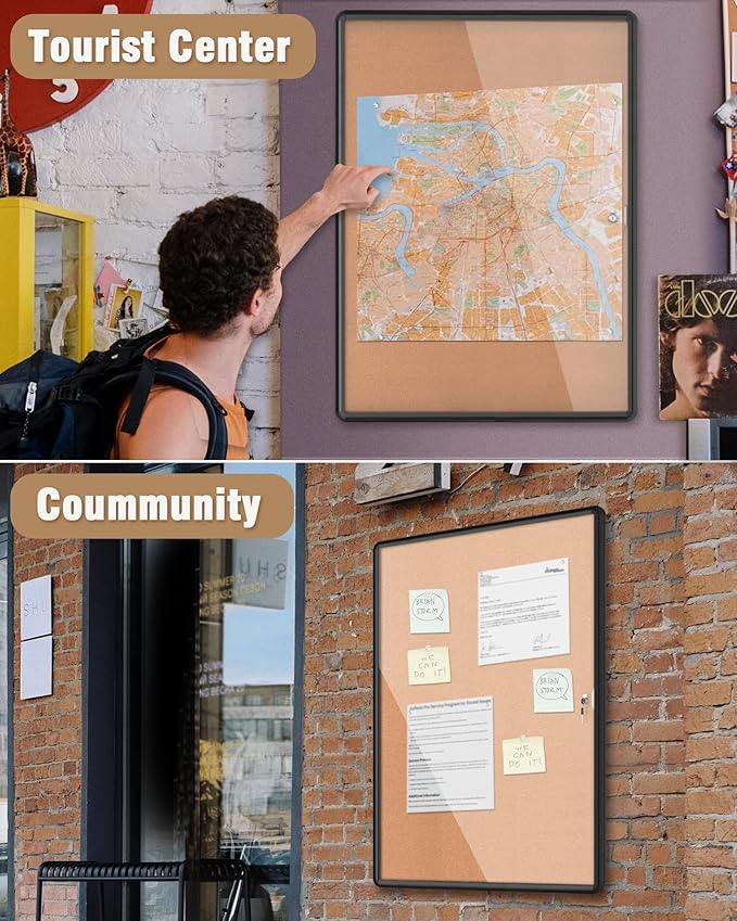 38"x28" Enclosed Bulletin Board, Lockable Weather-Resistant Aluminum Cork Noticeboard for School & Office, Black Frame w/Cork-DeskLoop Office