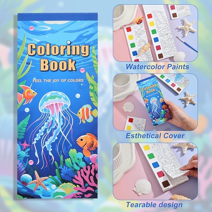 Women's Mini Paint with Water Coloring Book, 12 Pages Sea World Small Coloring - Image 3