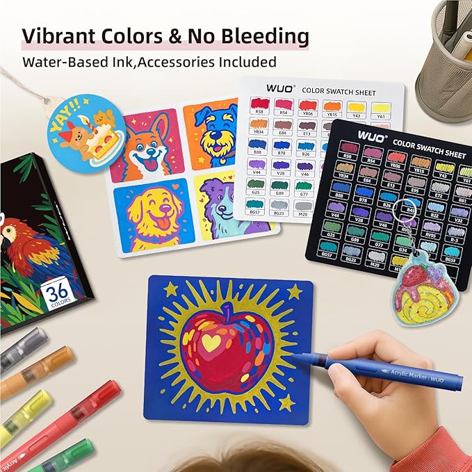 WUO 36 Colors Acrylic Paint Markers (2 Metallic), Automatic Ink Control Brush Tip for Multi-Surface Acrylic Paint Pens for Rock Painting, Wood, Canvas, Glass, DIY Art-DeskLoop Office