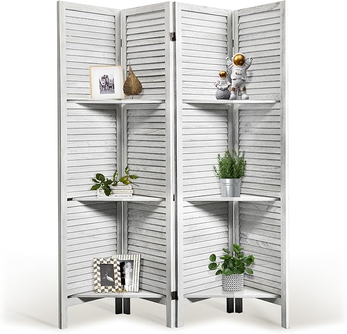 Room Divider with Shelves, 5.6FT Folding Room Divider Panel, 4 Panel Wood Partition Wall Divider for Room Separation, White-DeskLoop Office