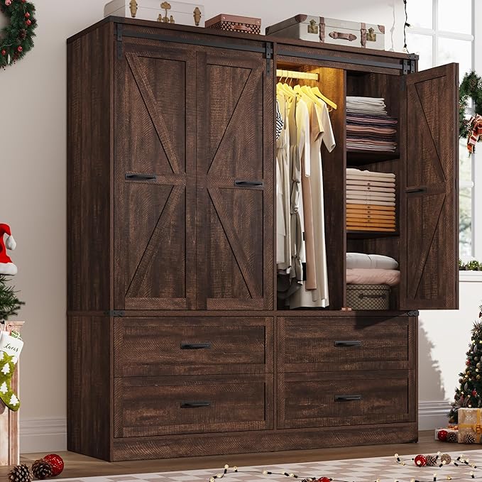 Farmhouse 4 Doors Armoire Wardrobe Closet w/Folding Sliding Barn Door and Lights, LED Armoire Closet w/Drawers for Bedroom, Freestanding Wooden Wardrobe Storage Closets w/Hanging Rod,Rustic Brown-DeskLoop Office