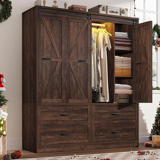 Farmhouse 4 Doors Armoire Wardrobe Closet w/Folding Sliding Barn Door and Lights, LED Armoire Closet w/Drawers for Bedroom, Freestanding Wooden Wardrobe Storage Closets w/Hanging Rod,Rustic Brown-DeskLoop Office