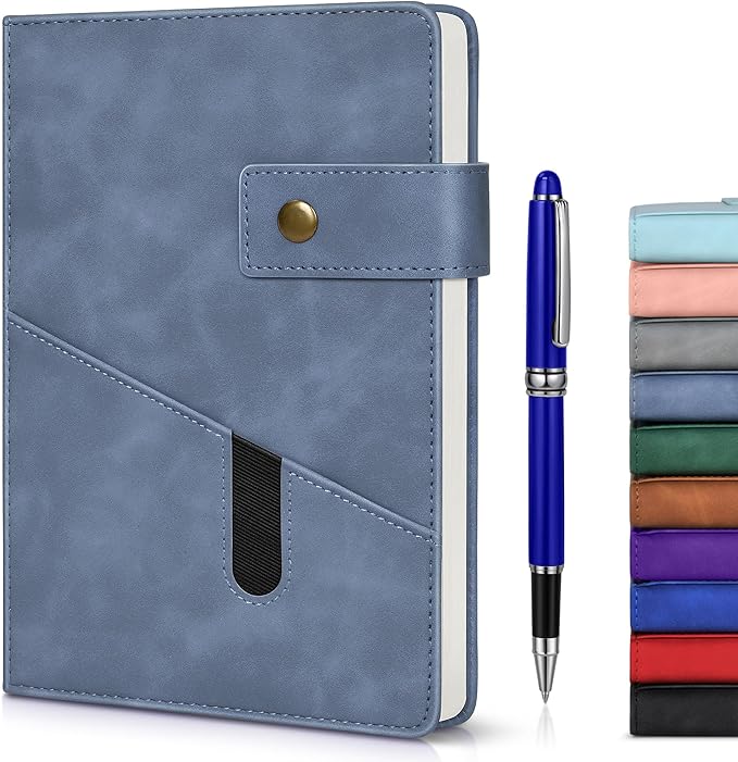 Blue A5 Lined Leather Journal Notebook for Men Women,5.9" X 8.4" Personalized Hardcover Journal with Pen,200 Pages 100 Gsm Thick Ruled Paper Daily Diary for Travel,Business,Work,Writing-DeskLoop Office