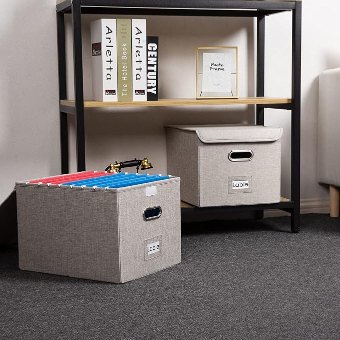PRANDOM File Organizer Box - Set of 4 Collapsible Decorative Linen Filing Storage Hanging File Folders with Lids Office Cabinet Letter Size Light Grey (15x12.2x10.75 inch)-DeskLoop Office