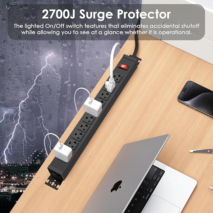 JUNNUJ Multi Angle Mount 10 Outlet 20 Amp Power Strip Heavy Duty, 2700J Surge Protector Under Desk with Switch 20A, Garage Workbench Gaming Outlet Table Wall Mountable, 6FT 12AWG Extension Cord-DeskLoop Office