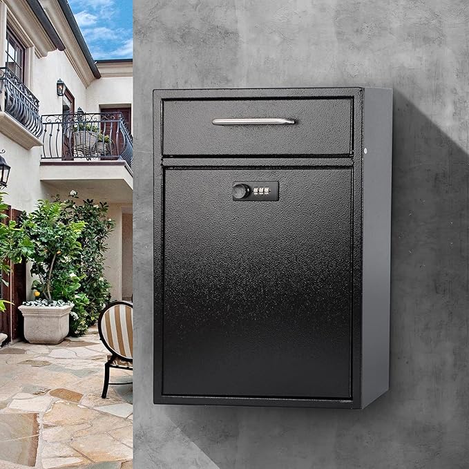KYODOLED Steel Combination Lock Mail Boxes Outdoor,Locking Wall Mount Mailbox,Security Lock Drop Box,Collection Boxes,16.2H x 11.22L x 4.72W Inches,Black X Large-DeskLoop Office