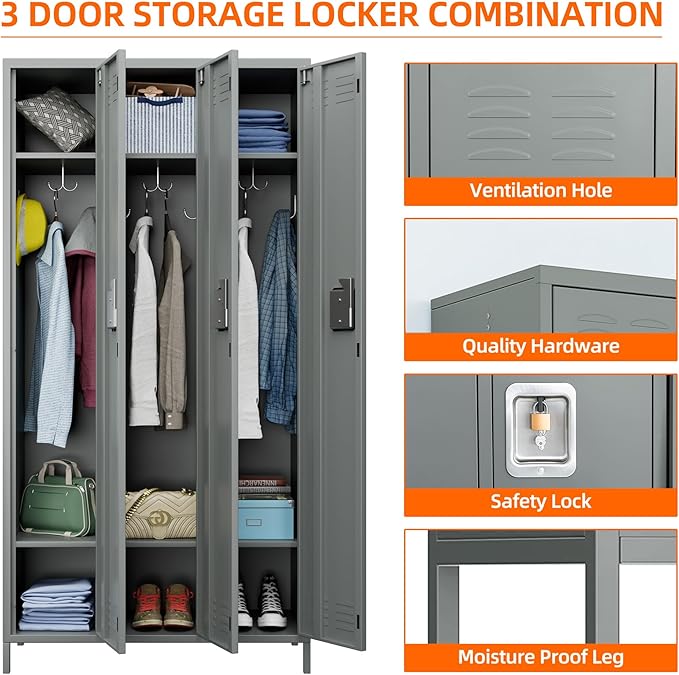 Metal Storage Locker with 3 Doors,Metal Locker for Employees with 9 Hooks for School Garage Office Gym Home,Assembly Required,Light Grey-DeskLoop Office