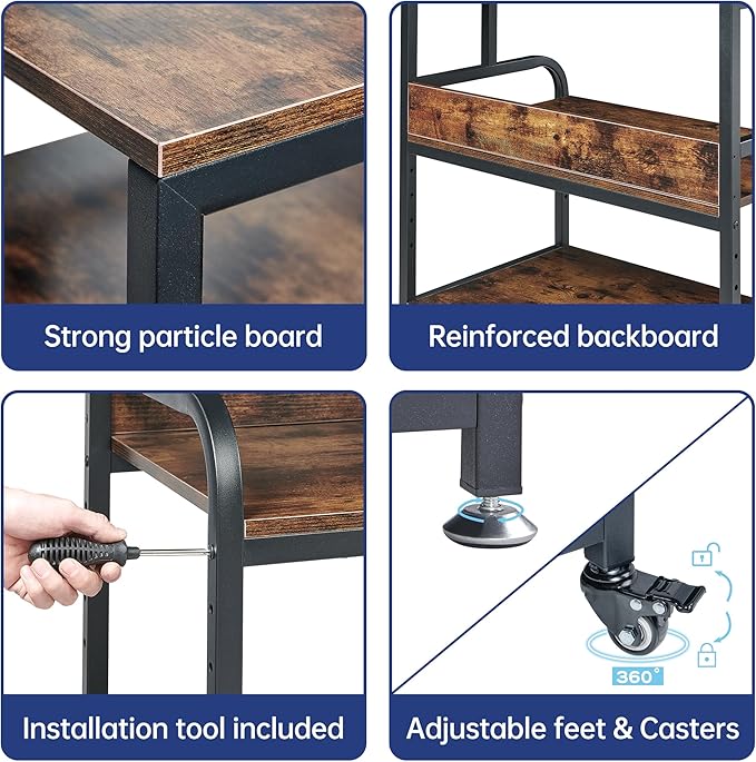 32.3" Wide Extra Large Printer Stand, 3 Tier Printer Table with Adjustable Storage Shelf, Rolling Printer Cart with Industrial Wheels for Home Office, Rustic Brown-DeskLoop Office