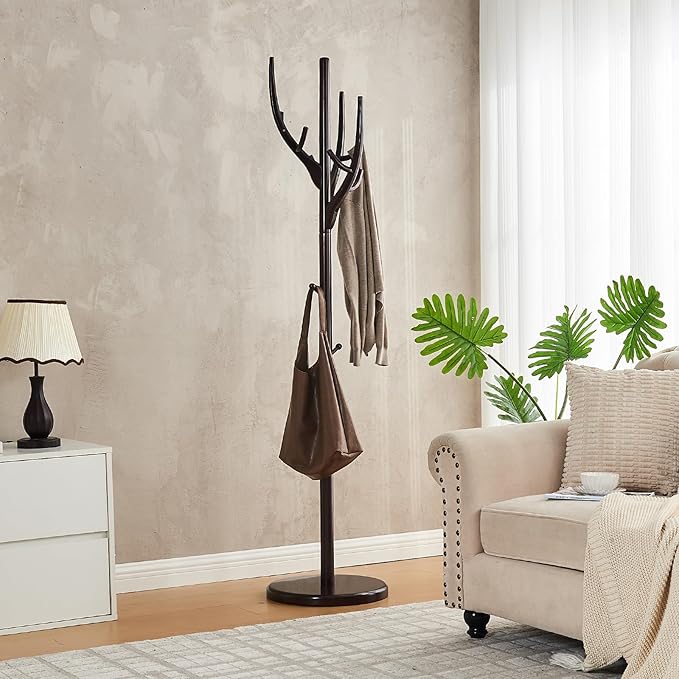 Uniclinens Coat Rack Freestanding Solid Wood Coat Tree Standing with 12 Hooks, Coat Rack Stand Creative Tree Branch-look (Dark Walnut)-DeskLoop Office