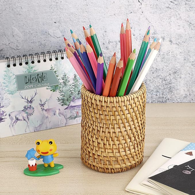 BTSKY Rattan Pen Cup, Handmade Desk Pencil Holders Makeup Brush Holder - Image 3