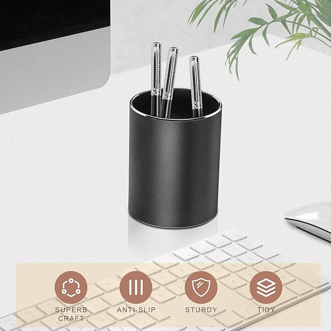 Vaydeer Metal Pen Holder Aluminum Pencil Holder for desk, Round Desktop Organizer and Black Pencil Cup for Office, School, Home and Stationary Supplies (3.15 x 3.15 x 3.94 Inches)-DeskLoop Office