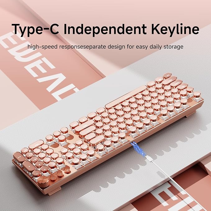 EWEADN Typewriter Style Mechanical Gaming Keyboard, Wired Mechanical Keyboards,104 Keys Backlit LED Keyboards, Media Control Knob, Wired Computer Keyboard Pink Switch for Windows/Mac/PC-Pink-DeskLoop Office