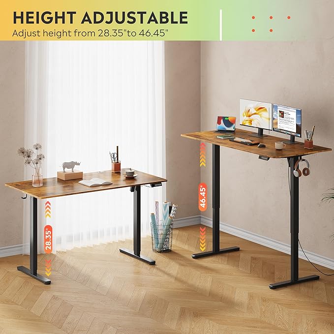 DEVAISE 55 Inch Electric Standing Desk, 3 Adjustable Height Stand up Desk for Home Office, Ergonomic Sit to Stand Desk with LED Touchscreen, Hook, 3 Memory Preset Computer Desk (Rustic Brown)-DeskLoop Office