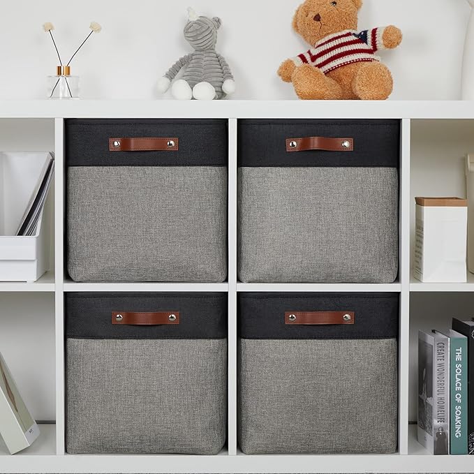 DULLEMELO Storage Bins for Organizing,Closet Storage Baskets for Gift Empty,Large Linen Canvas Storage Bins with Handles for Home Office Toys Shelves(Black&Grey, 13 inch Cube)-DeskLoop Office