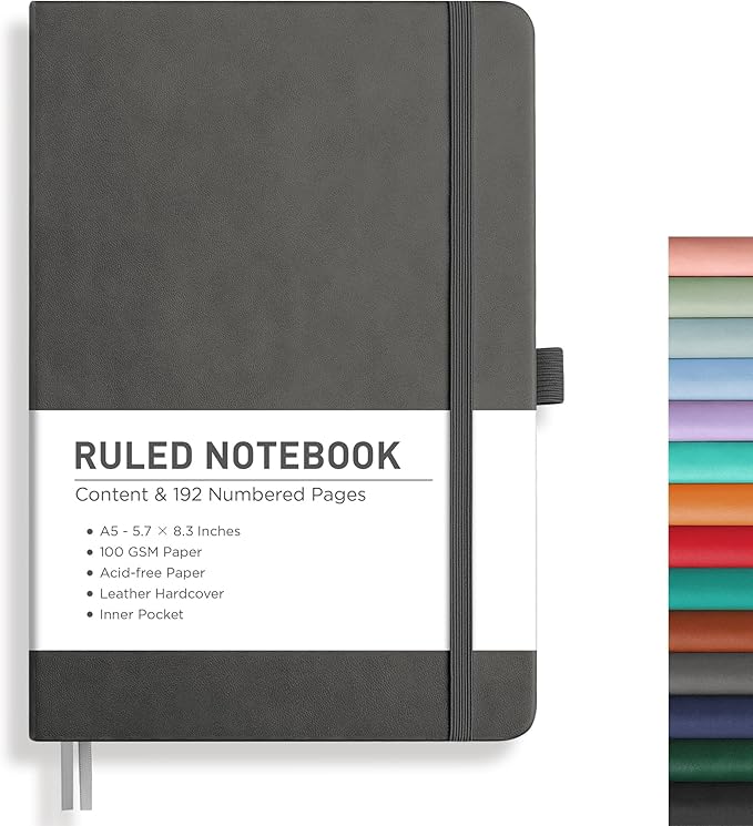 RETTACY Lined Journal Notebook, 192 Numbered Pages, A5 Medium Size (5.7'' x 8.3''), for Men & Women, Journaling, Writing, Work & Office, Leather Hardcover, 100 GSM Thick Paper (Gray)-DeskLoop Office