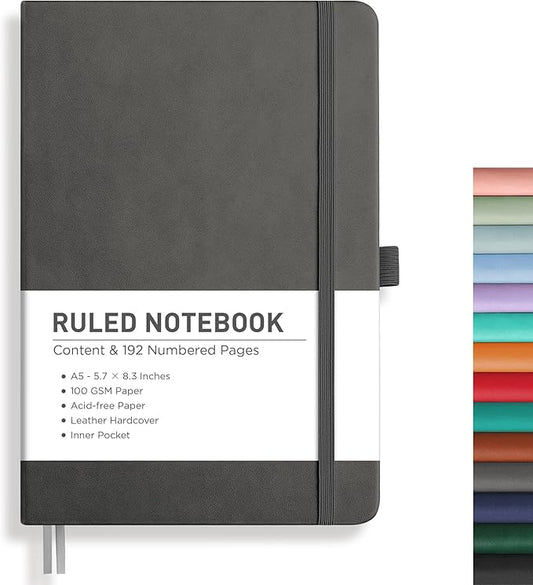 RETTACY Lined Journal Notebook, 192 Numbered Pages, A5 Medium Size (5.7'' x 8.3''), for Men & Women, Journaling, Writing, Work & Office, Leather Hardcover, 100 GSM Thick Paper (Gray)-DeskLoop Office