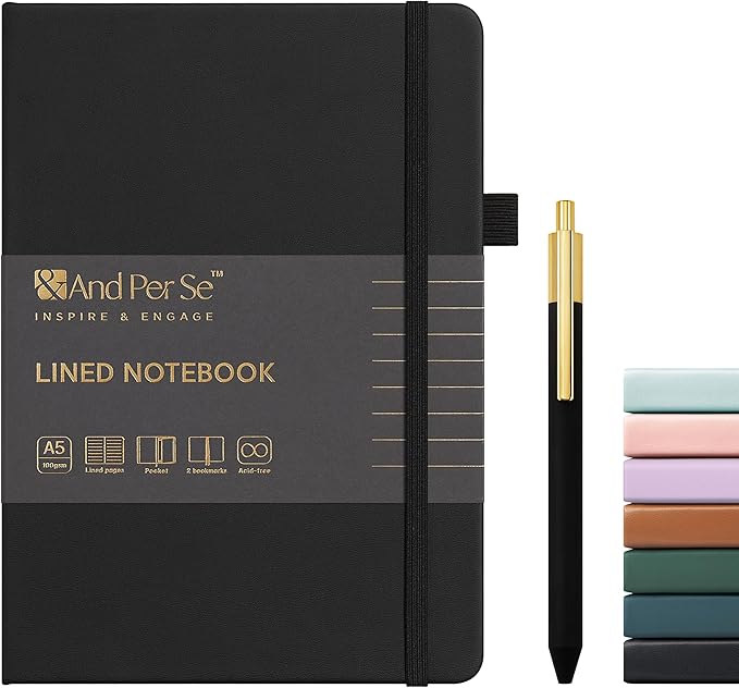 A5 Lined Leather Journal and Pen Set, Hardcover Notebook with Pen, 160 Pages 100gsm Thick Ruled Paper for Men Women, for Work, Business, School or Home Writing, 5.7'' x 8'' (Black-Set1)-DeskLoop Office