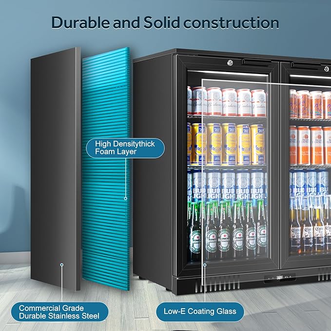 Tylza Back Bar Cooler With 2 Glass Doors, 7.2 Cu.Ft Under Counter Back Bar Refrigerator with LED Lighting, Safety Locks, Counter Height Bar Beverage Cooler for Beer, Soda Drinks, Wine, Black-DeskLoop Office