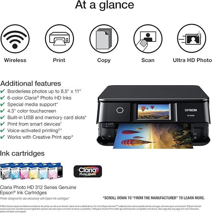 Epson Expression Photo XP-8700 Wireless All-in-One Printer with Built-in Scanner and Copier and 4.3" Color Touchscreen, Black-DeskLoop Office