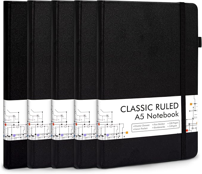 5 Pack Journal Notebook Bulk for School, Feela Hardcover Business Notebooks Classic Ruled Lined Journals with Pen Holder for Work Note Taking, with 5 Black Pens, 120 GSM, 5.1”x8.3”, A5, Black-DeskLoop Office