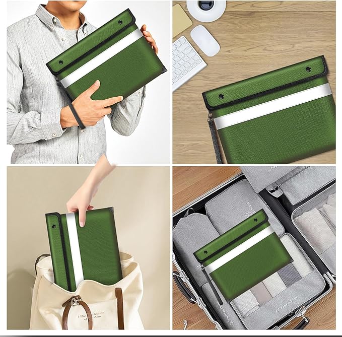 Upgraded Fireproof Document Bag 5200°F Heat Insulated,11"x7.7"Waterproof Fireproof Money Bag with Water-resistant Zipper,Fireproof Envelopes for Documents,Cash,Valuables(Green)-DeskLoop Office