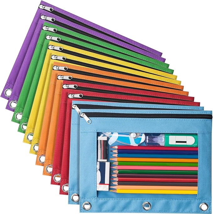 Forvencer 12 Pack Pencil Pouches for 3 Ring Binder, Smooth Zipper 3 Ring Binder Pencil Pouch, Multi-Color Pencil Case for Binder, Clear Top Binder Pencil Pouch, Pencil Bag with 3 Re-enforced Grommets-DeskLoop Office