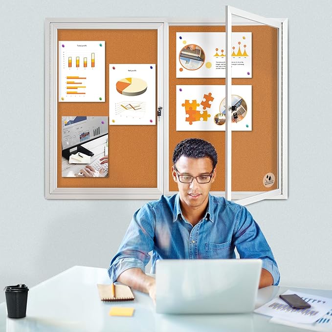 Lockable Outdoor Enclosed Bulletin Board, Weatherproof Cork Noticeboard with Locking Door, Wall-Mounted Aluminum Framed Display Case for Messages,36x24in (5xA4) (Silver Frame & Cork, 44x32 in)-DeskLoop Office