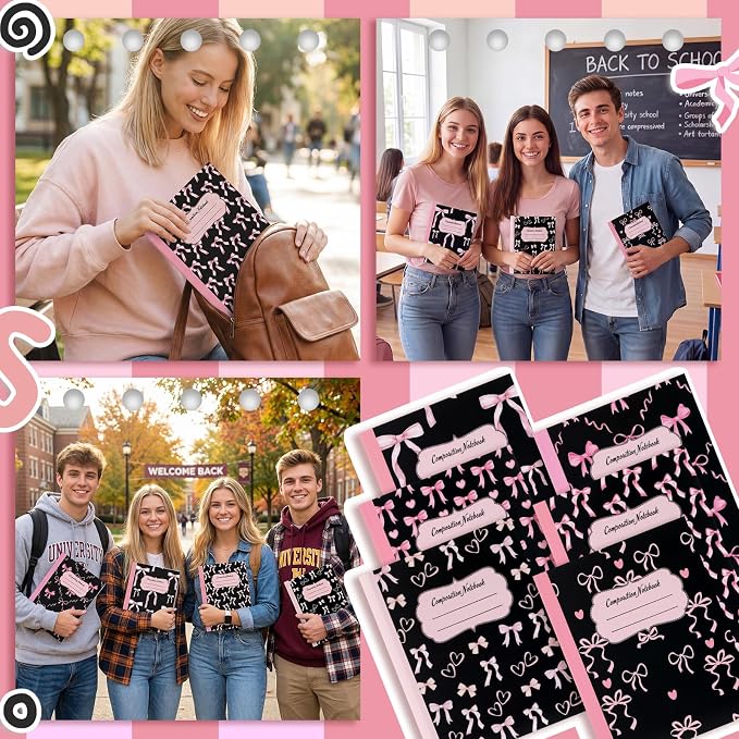 Fullhawl 6 Pack Composition Notebook College Ruled Bulk Black Pink Bow - Image 4